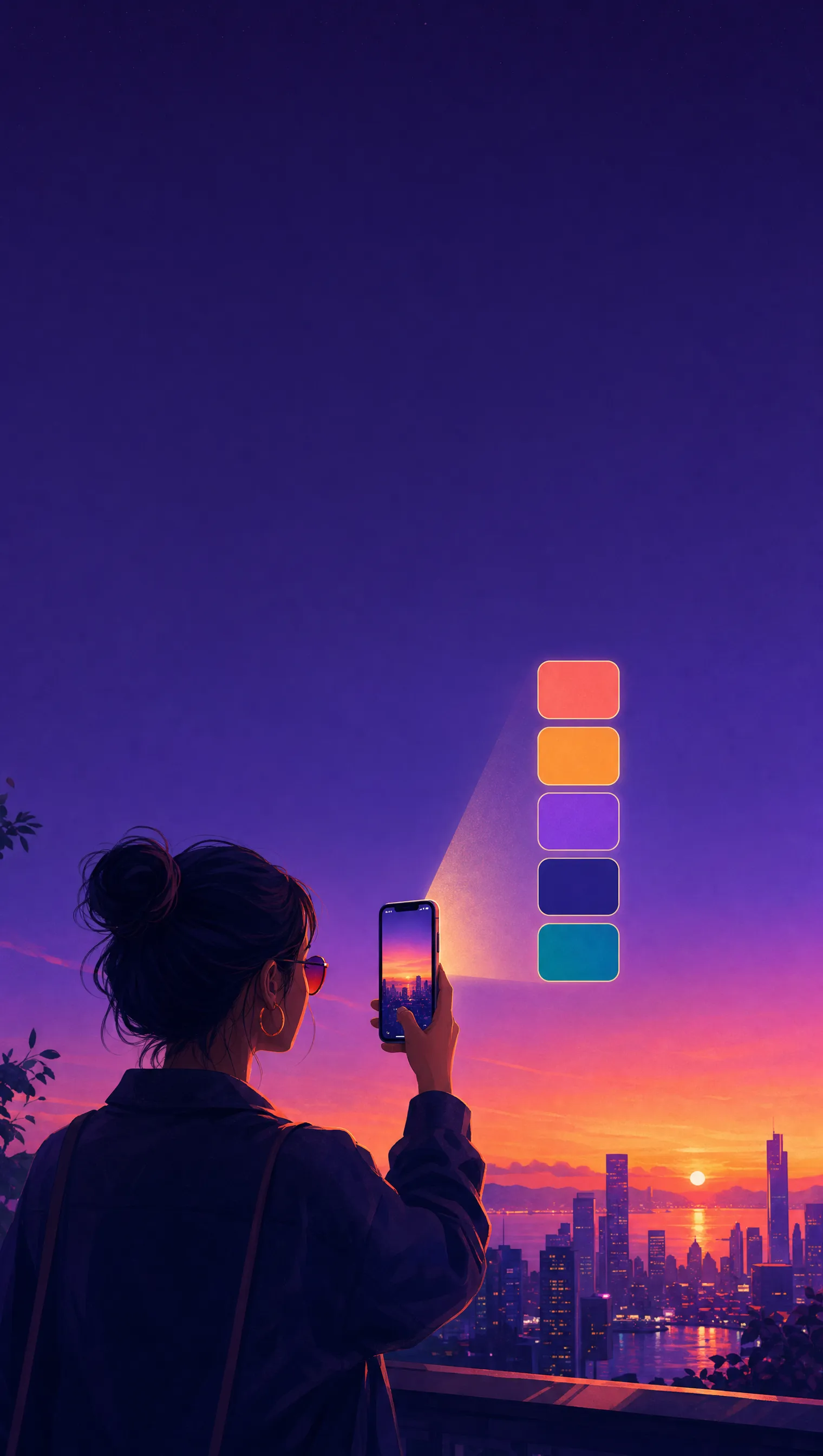 Spectra marketing illustration — a person capturing a sunset city skyline, a five-swatch palette beaming from the phone