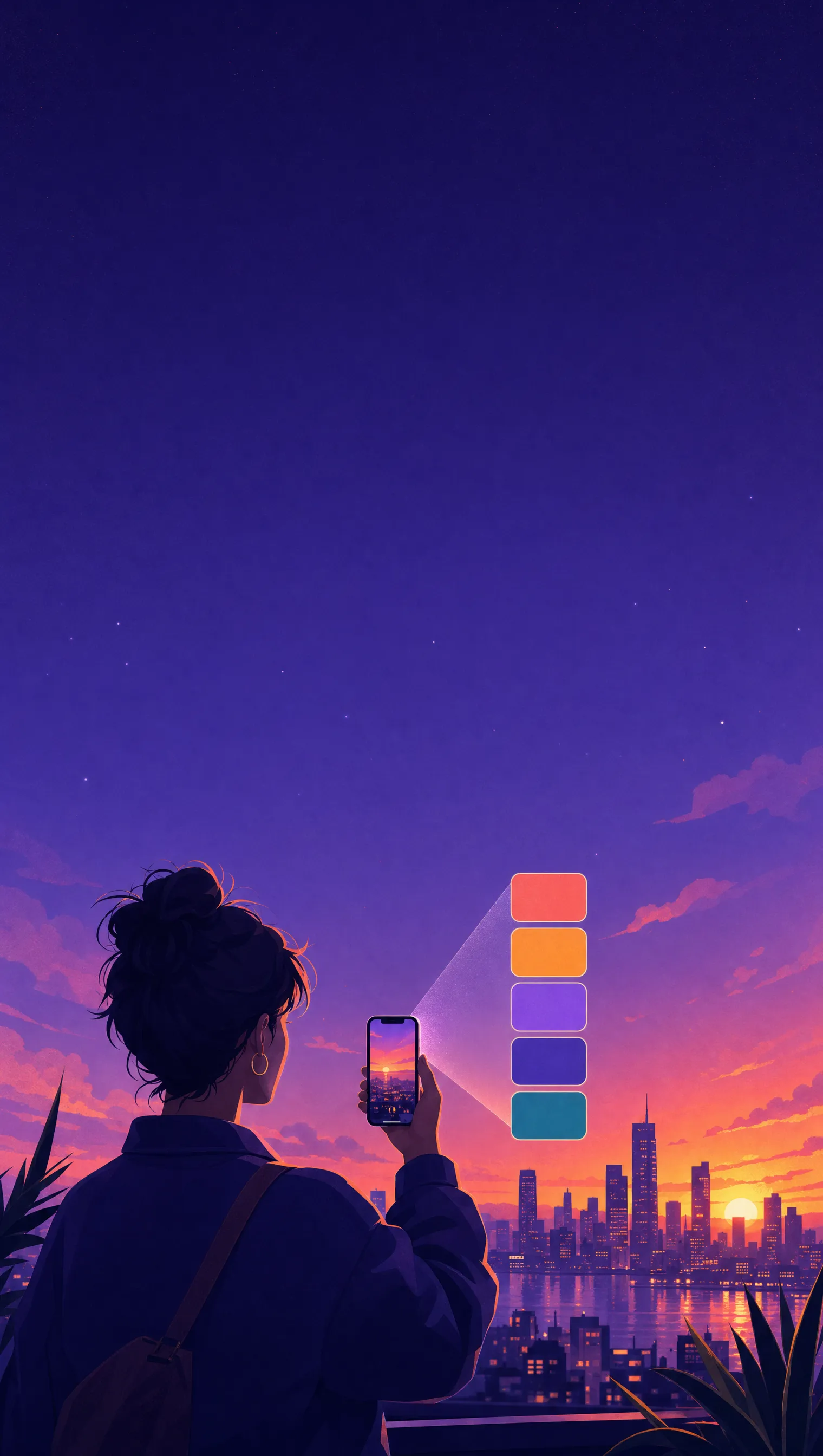 Spectra marketing illustration — extracting a warm sunset palette from a twilight cityscape across the water