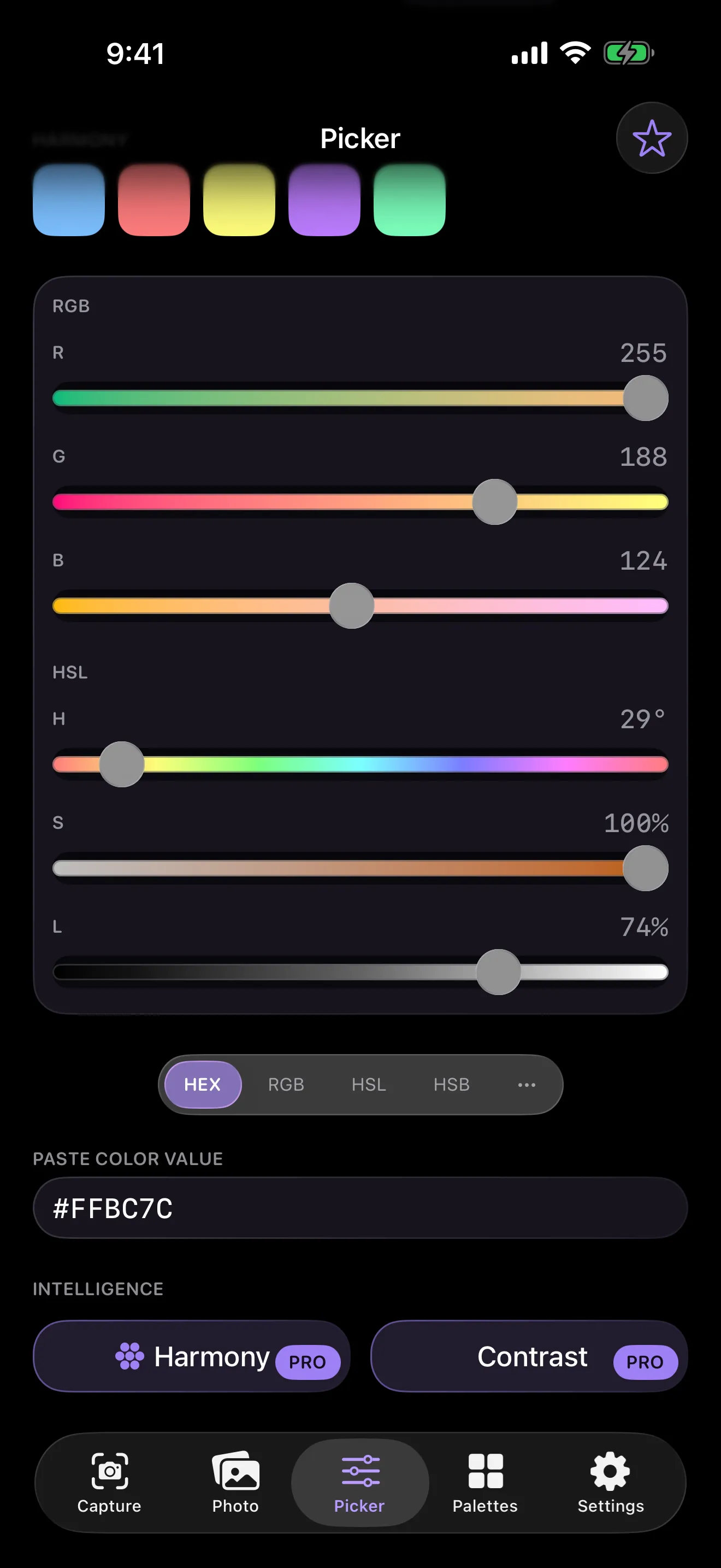 Spectra picker scrolled to show RGB and HSL sliders, the format switcher, and Harmony and Contrast Pro tools