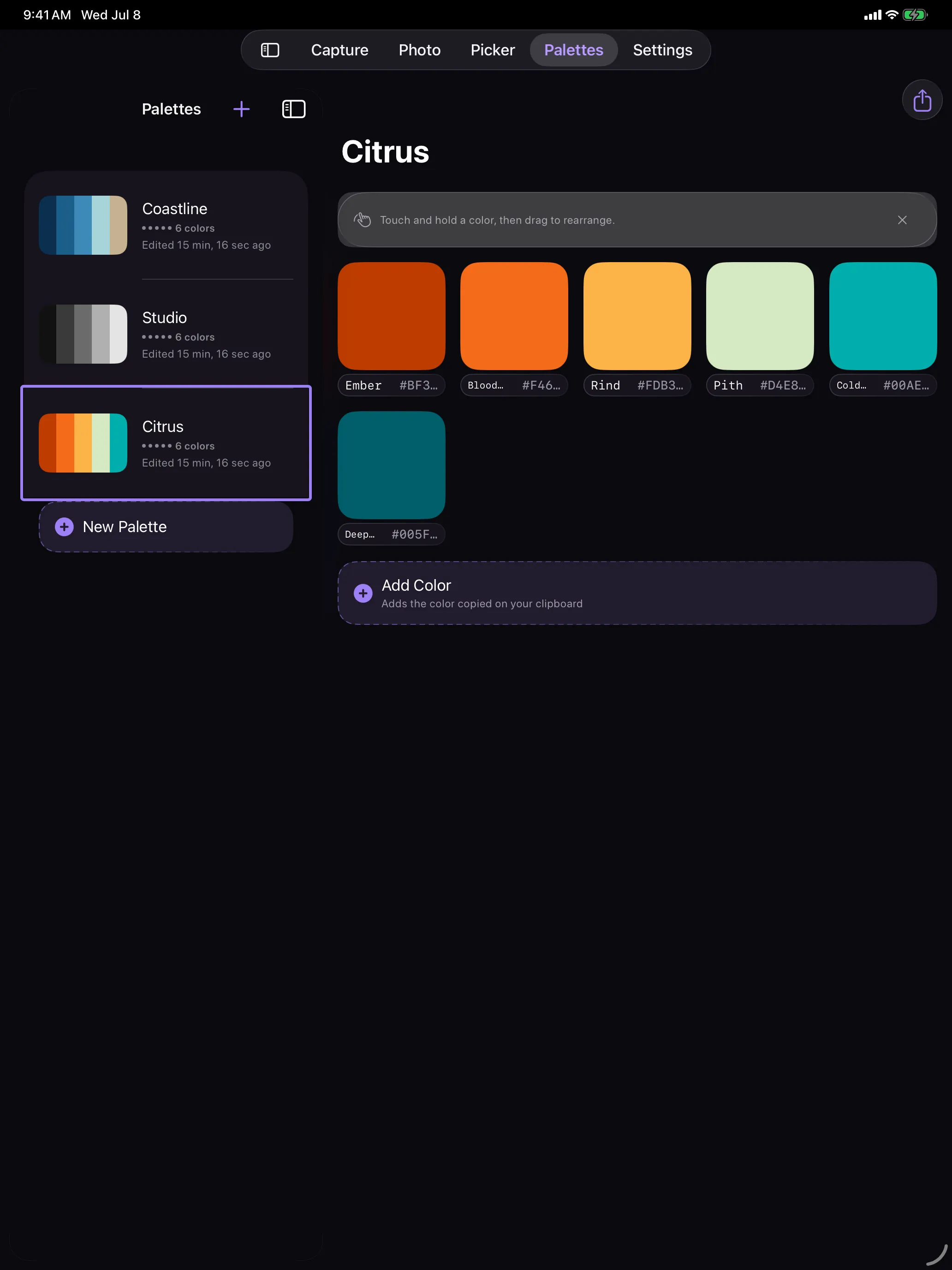 Spectra on iPad: palette list and the selected Citrus palette side by side in a split view