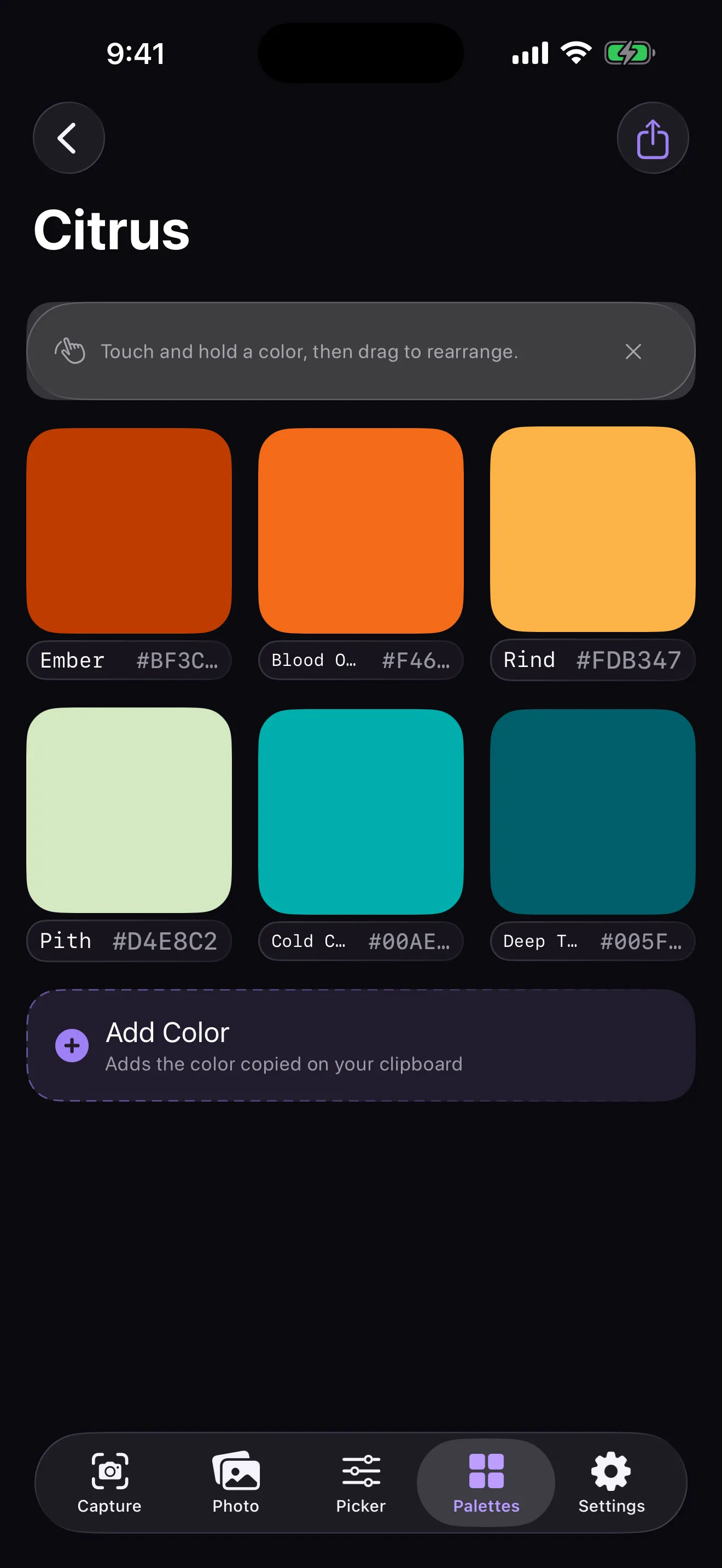 The Citrus palette open in Spectra: six vibrant swatches from deep red-orange to teal, each labeled with its HEX value