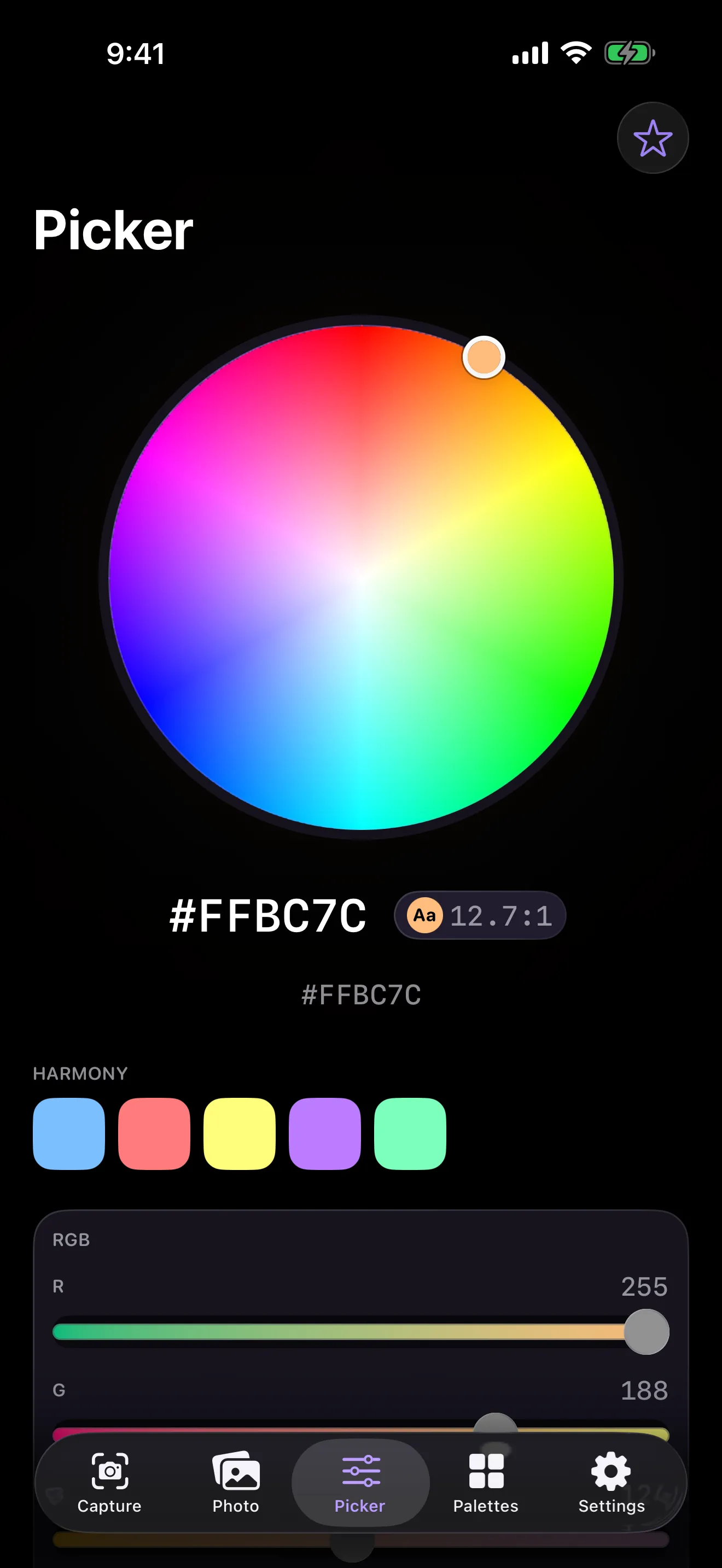Spectra picker screen in dark mode: a large color wheel above RGB sliders, showing #FFBC7C