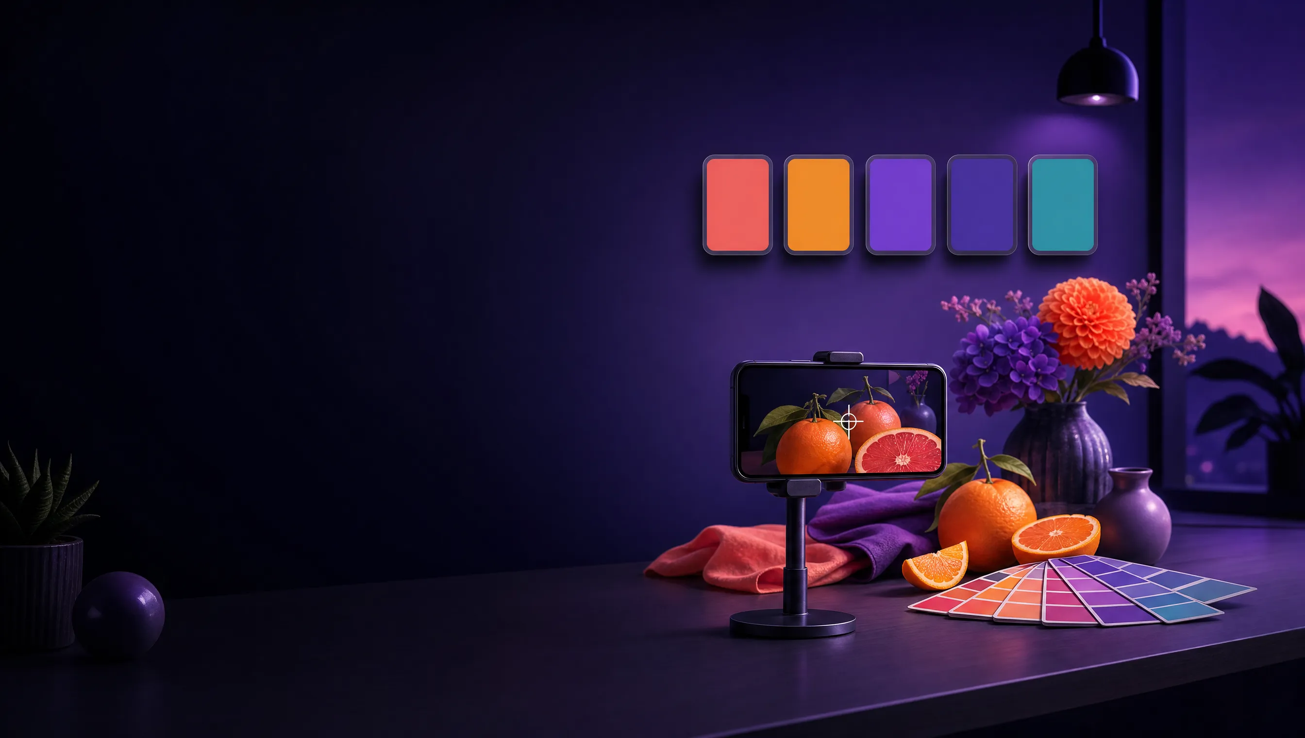 Spectra marketing render — a phone on a stand capturing citrus fruit and flowers in a dark violet studio at dusk