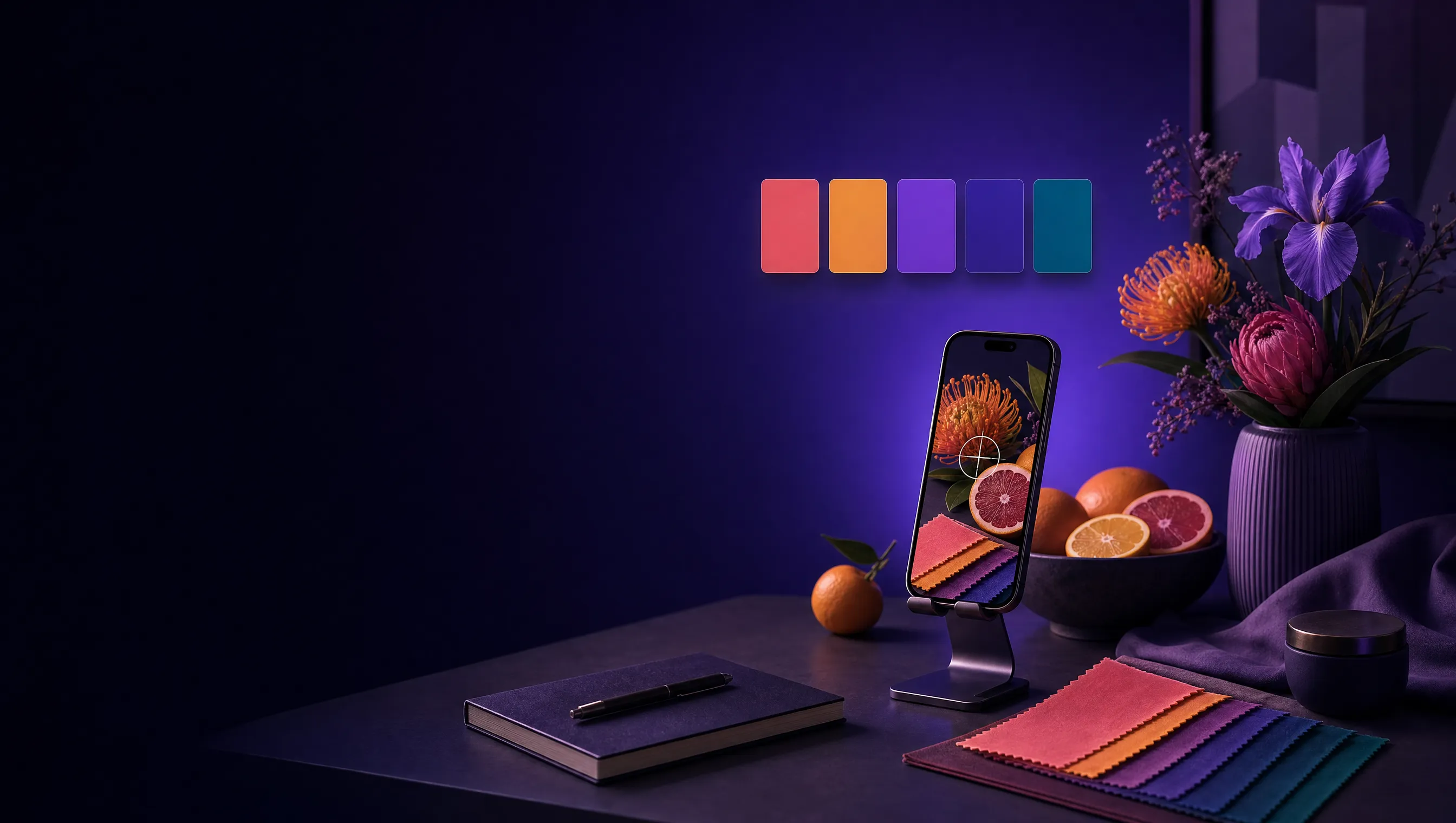 A phone on a stand capturing the colors of citrus fruit and flowers in a dark violet studio, with a five-swatch palette glowing on the wall